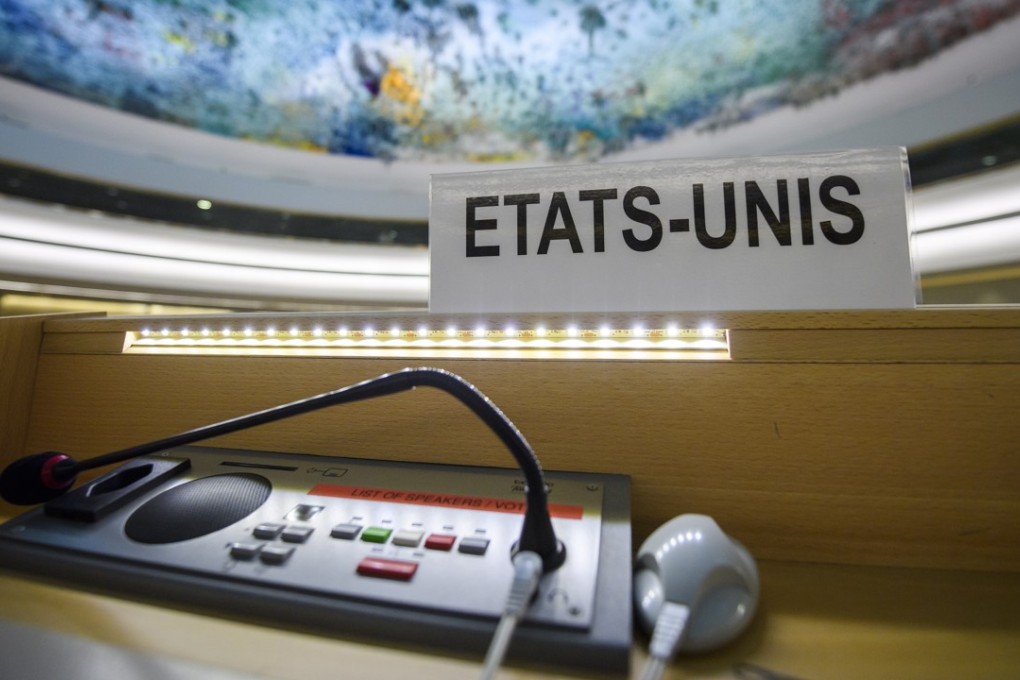 The US name plate in French seen at the UN headquarters in Geneva a day after Trump pulled out of the UN Human Rights Council. Photo: EPA-EFE