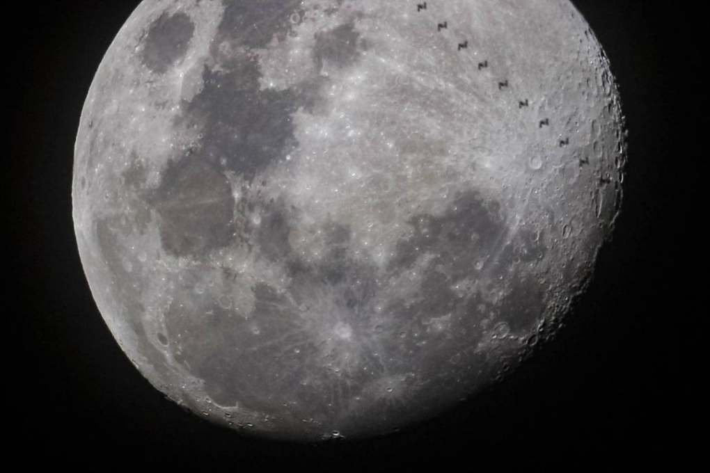 Astrophotographer Josh Kirkley managed to catch the International Space Station passing over the moon, a rare event he says may be the first time it has been done in New Zealand. Photo: Josh Kirkley
