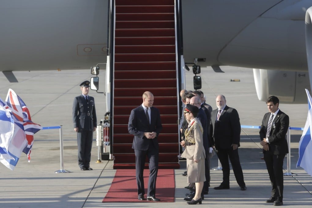 Britain's Prince William arrives on a Royal Air Force plane at the Ben Gurion airport in Tel Aviv, Israel, on Monday. His is the first-ever official visit by a member of the British royal family to the country, and marks the end of the monarchy's mostly hands-off approach to one of the world's most sensitive regions. Photo: AP
