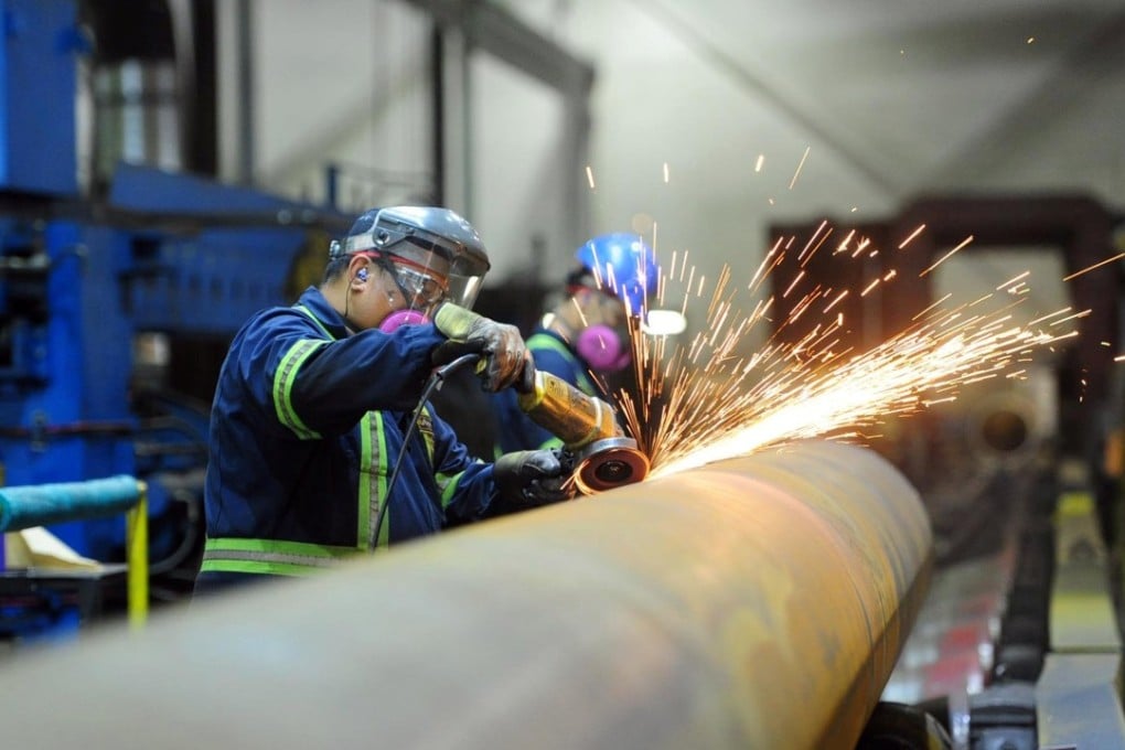 Workers at Bri-Steel Manufacturing, a maker and distributor of steel pipes, in Edmonton, Alberta. As Canada anticipates a surge of steel imports from global producers avoiding US tariffs, the government is said to be planning a package of foreign quotas and tariffs to protect its own steel producers. Photo: Reuters