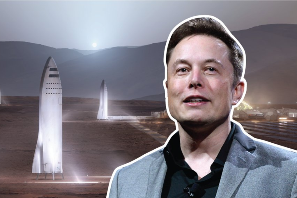 Elon Musk and a SpaceX illustration of its Big Falcon Spaceship on Mars. Photo: Shayanne Gal/Business Insider