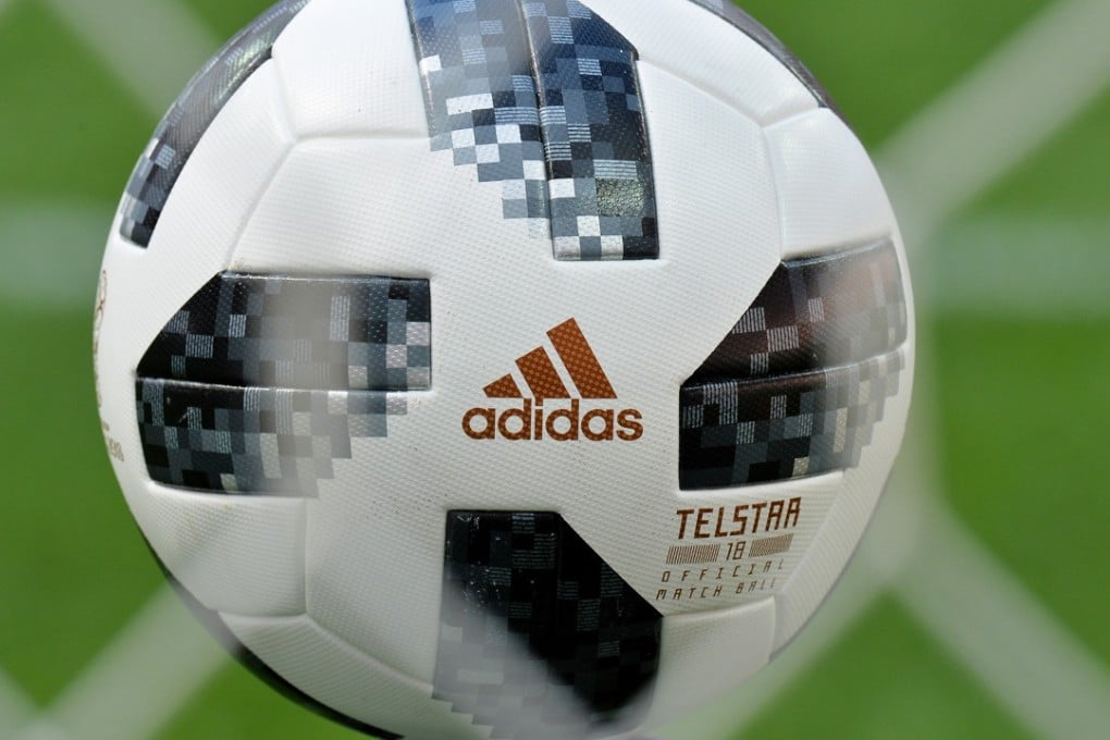 The Adidas Telstar 18 ball, official match ball of the Fifa World Cup 2018, on display at the Luzhniki Stadium in Moscow. Photo: EPA