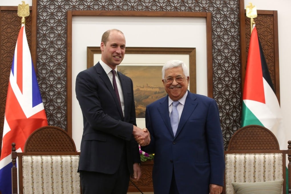 Britain’s Prince William with Palestinian President Mahmoud Abbas in the West Bank city of Ramallah on Wednesday. Photo: Xinhua