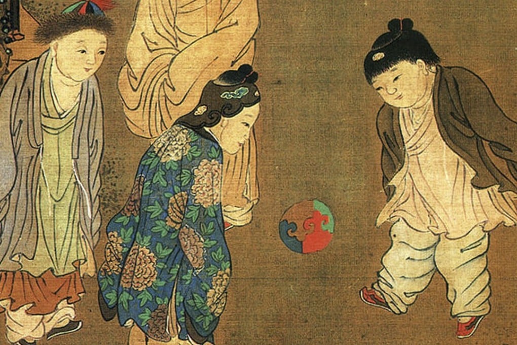 A Song dynasty painting shows children playing with a ball.