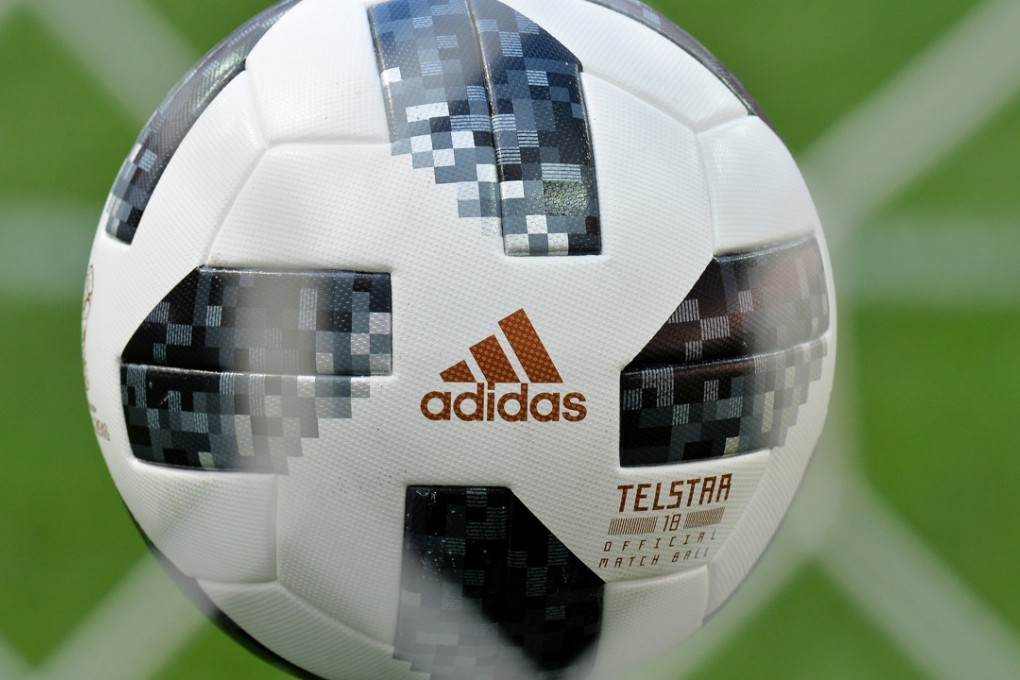 The Adidas Telstar 18 ball, official match ball of the Fifa World Cup 2018, on display at the Luzhniki Stadium in Moscow. Photo: EPA