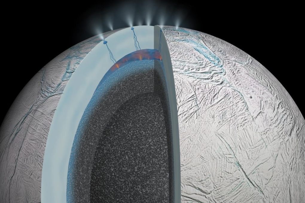 Saturn's moon Enceladus sprays saltwater into space from a hidden ocean. NASA's Cassini probe in 2015 "tasted" organic molecules in the water while flying through the icy plume. Photo: NASA/JPL-Caltech