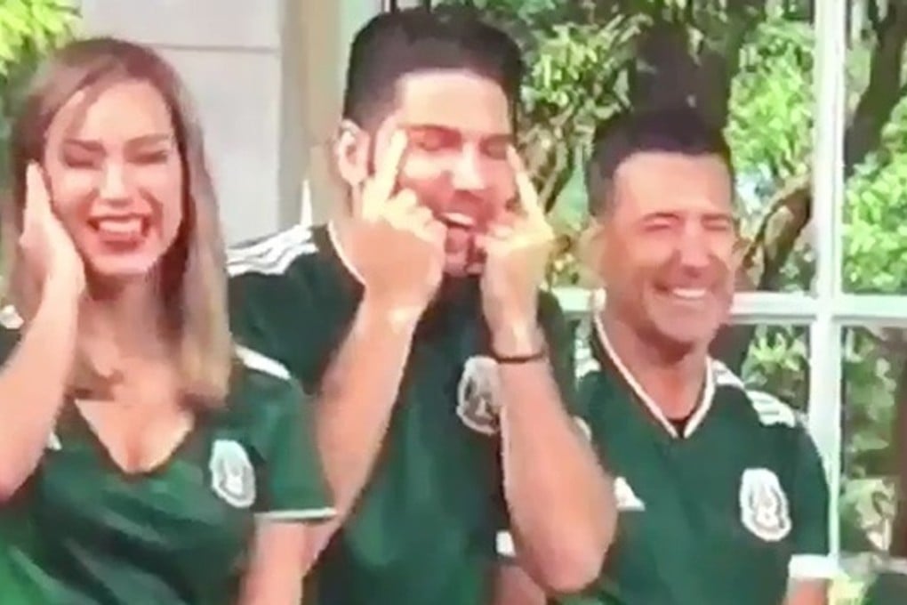 James Tahhan (centre) and Janice Bencosme (left), co-presenters of Telemundo’s morning show Un Nuevo Día, use their fingers to narrow their eyes amid the on-set celebration of South Korea's 2-0 win over Germany. Photo: Telemundo