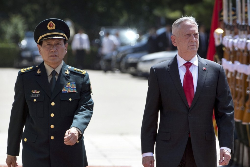 Chinese Defense Minister Wei Fenghe and US Defence Secretary Jim Mattis review an honour guard during a welcome ceremony in Beijing on Wednesday. Photo: Pool via Reuters