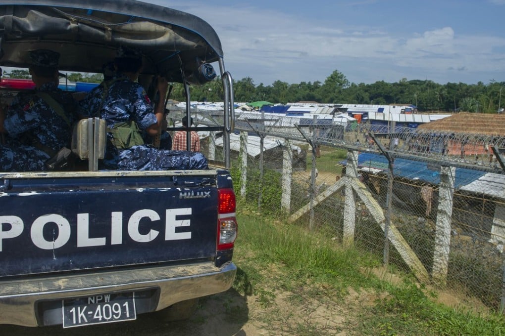 Myanmar border guard policemen patrol along the border between Myanmar and Bangladesh in Maungdaw, Rakhine state. Photo: AFP