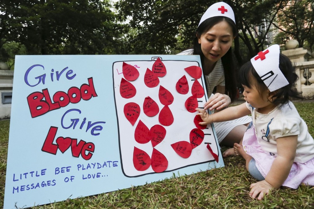 Yelly Chui Nga-lee with her 11-month-old daughter Bella Wong, pose for photographs at Tsing Yi Park in Tsing Yi. Yelly has set up a mother’s club to promote blood donations. Photo: Jonathan Wong/SCMP