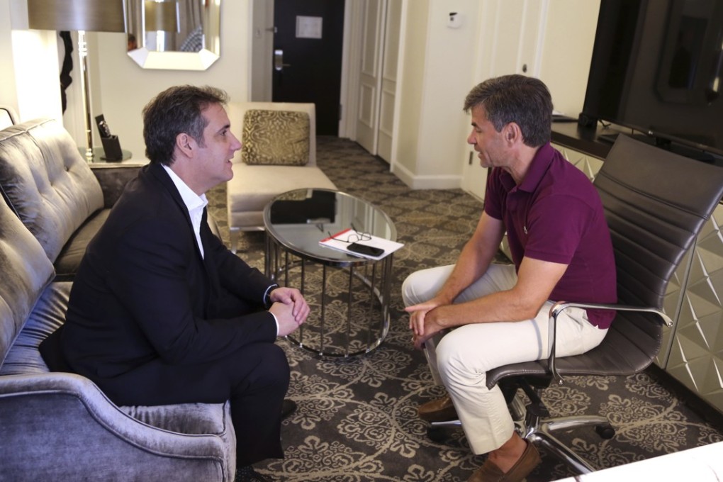 In this June 30, 2018, photo provided by ABC News, Michael Cohen, left, President Donald Trump's long-time personal lawyer and fixer, is interviewed by ABC's George Stephanopoulos during an off-camera interview in New York at the hotel where Cohen has been staying. Photo: AP