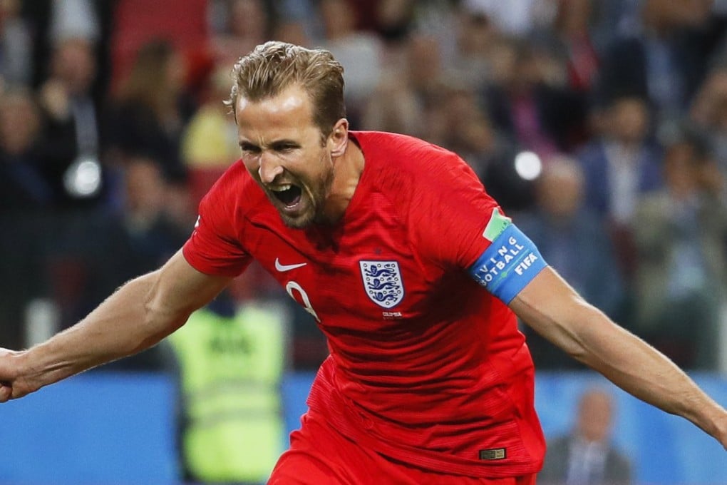 Harry Kane celebrates after putting England 1-0 up from the penalty spot against Colombia. Photo: EPA