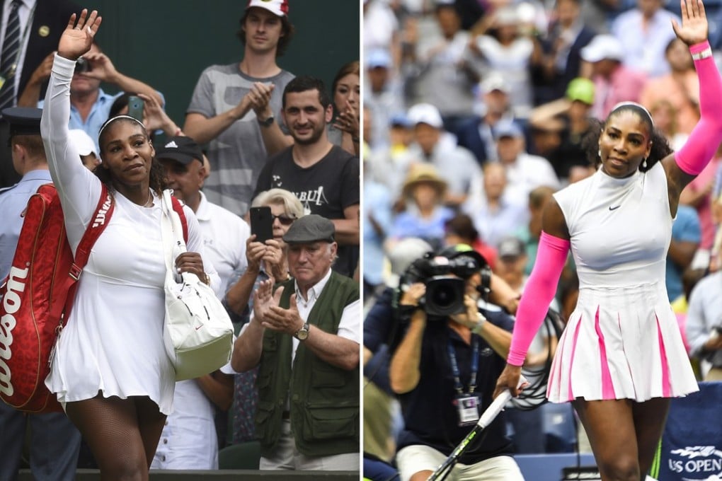 Tennis star Serena Williams leaves the court after her second-round win against Bulgaria's Viktoriya Tomova at Wimbledon this year following the birth of her daughter (left) and (right) after defeating Yaroslava Shvedova of Kazakhstan at the US Open in 2016. Photos: AFP