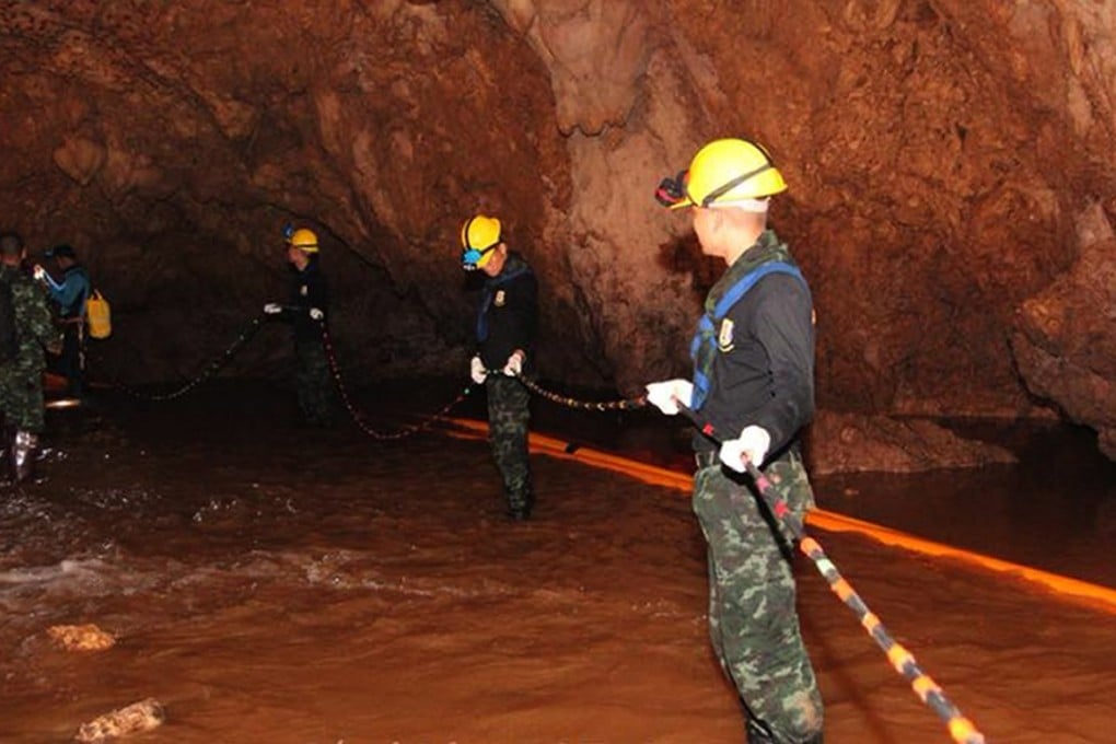 Thai military personnel inside the cave complex at Tham Luang cave in Khun Nam Nang Non Forest Park, Chiang Rai. Photo: EPA