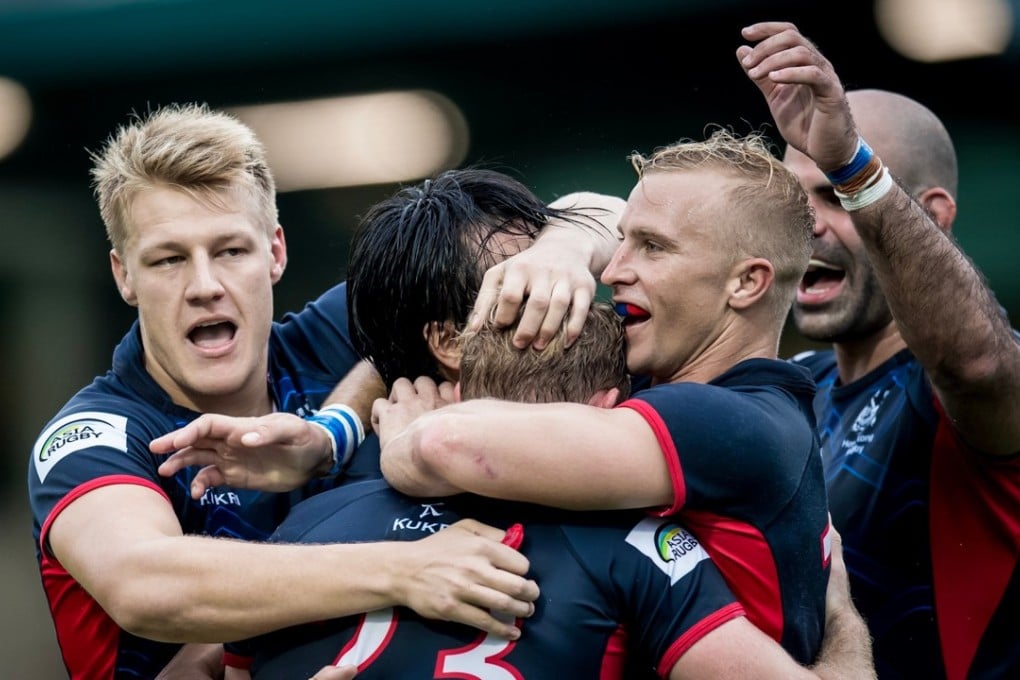 Hong Kong celebrate defeating Cook Islands at the Hong Kong Football Club. Photo: HKRU