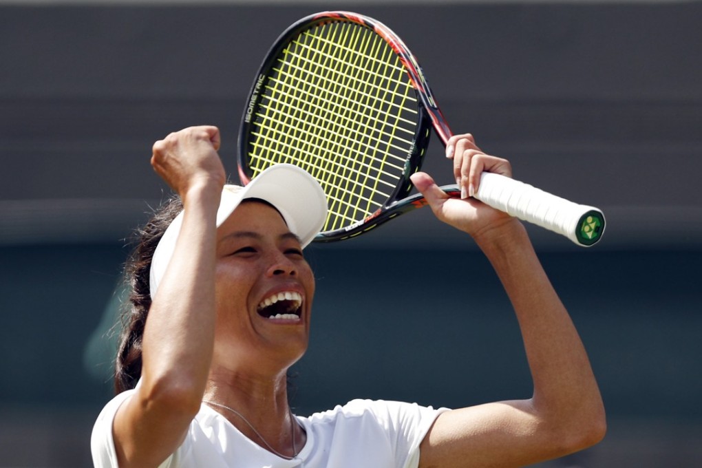 Hsieh Su-wei celebrates her win over Simona Halep in their third round match at Wimbledon. Photo: EPA