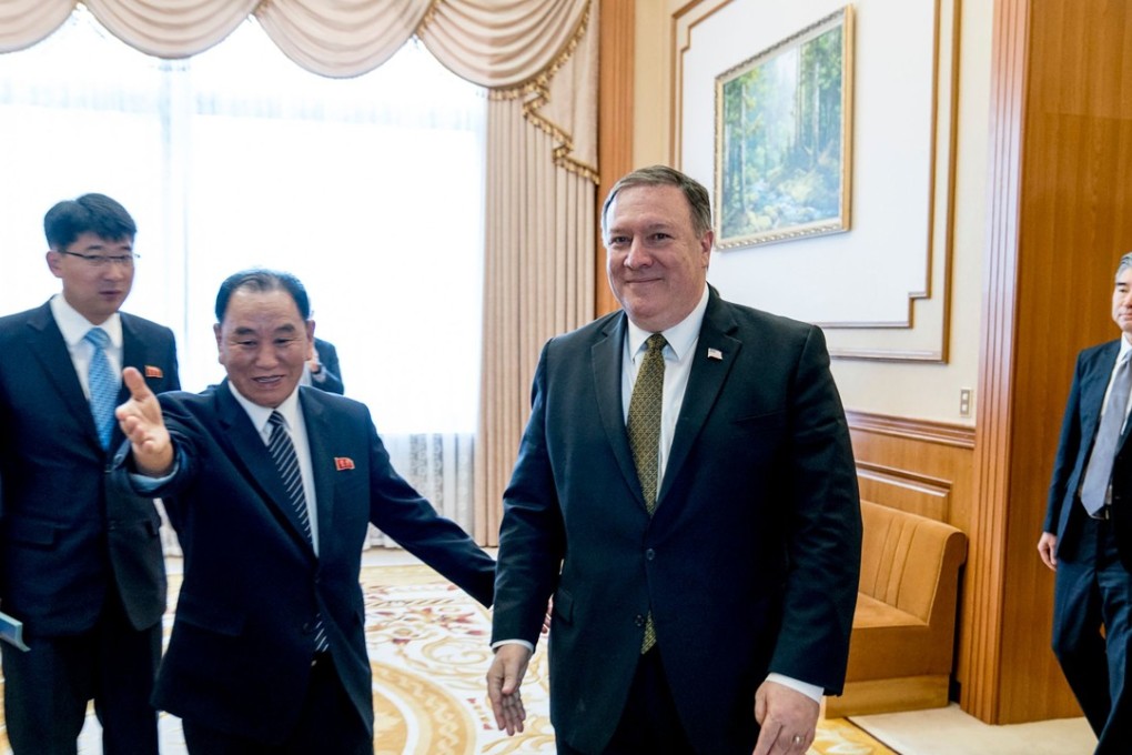 US Secretary of State Mike Pompeo, right, escorted by Kim Yong-choi, a North Korean senior ruling party official and former intelligence chief, in Pyongyang on Saturday.