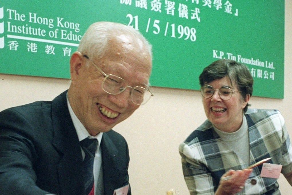 Tin Ka-ping (left), alongside professor Ruth Hayhoe at the launch of scholarships aimed to enhance primary education at the HK Institute of Education. Tin died on Tuesday at the age of 99. Photo: Handout