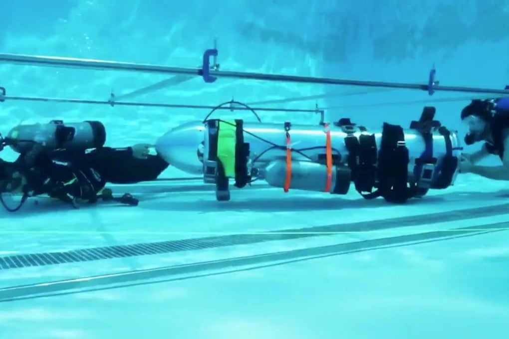 The Wild Boar mini-submarine is tested in a swimming pool in Los Angeles, California. Photo: Reuters