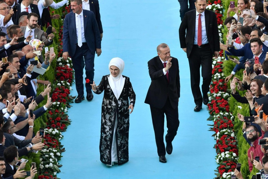Turkish President Recep Tayyip Erdogan and his wife Emine Erdogan arrive at the Presidential Complex in Ankara on July 9. Erdogan was sworn in for his second term as head of state on the day. Photo: AFP / Turkish Presidential Press Service