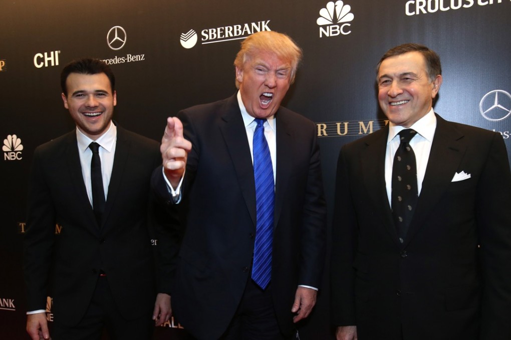 Russian pop star and Crocus Group vice-president Emin Agalarov (left), Donald Trump and Crocus Group president Aras Agalarov, right, arrive at the Miss Universe 2013 Pageant in Moscow, on November 9, 2013. Photo: TNS