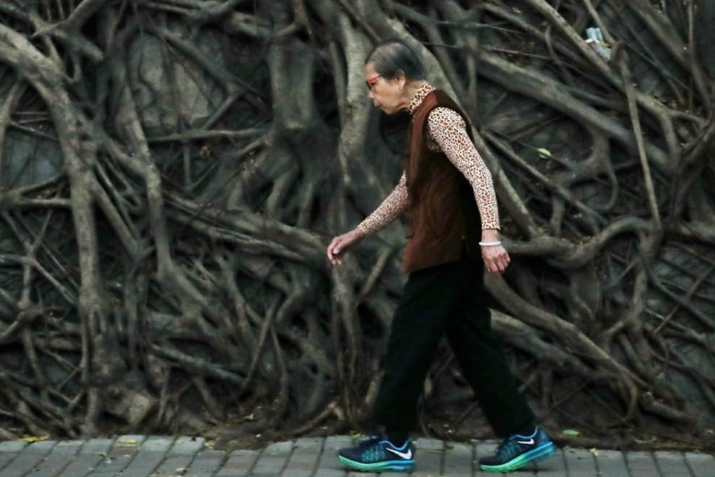 An elderly woman walks past a root-covered wall in Kennedy Town in April 2017. Roughly 18 per cent of Hong Kong’s population are aged over 65. Photo: Nora Tam