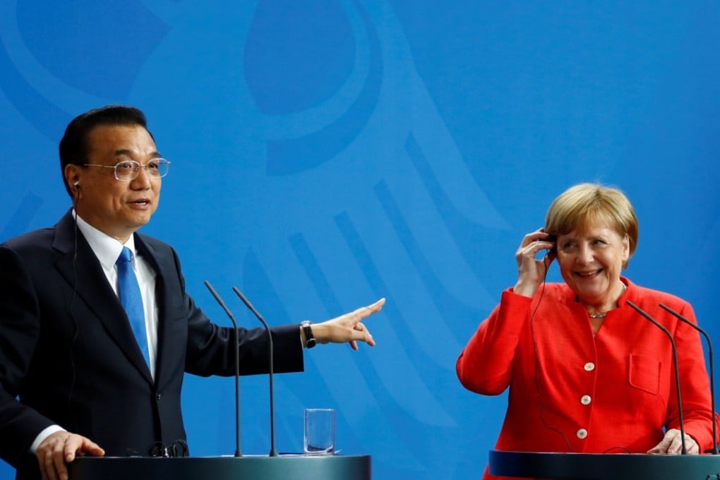 Chinese Premier Li Keqiang and German Chancellor Angela Merkel hold a press conference at the chancellery in Berlin, Germany, on July 9. China and Europe have been the target of US President Donald Trump’s trade threats. Photo: Reuters