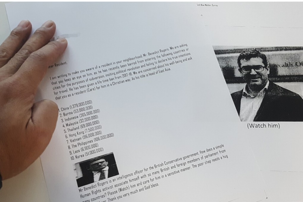 Benedict Rogers’ photo was included in the letters. Photo: SCMP