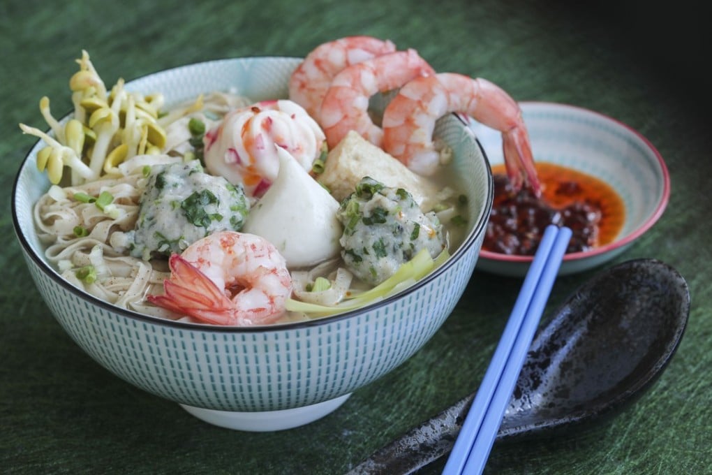 Fishball soup with shrimp roe noodles, made with Susan Jung’s homemade seafood stock. Photography: Jonathan Wong. Styling: Nellie Ming Lee