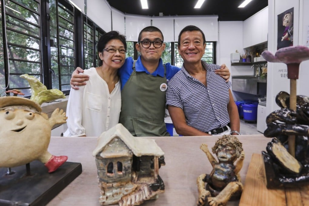 Susan Hui So-shing (left), Gordon Hui Ka-ho and Gilbert Hui Wai-ki at a St James’ Settlement studio in Wan Chai. Photo: Jonathan Wong