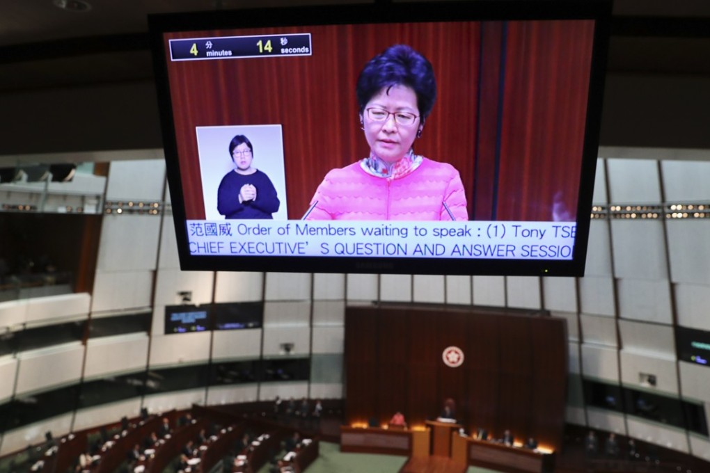 Hong Kong Chief Executive Carrie Lam at the question and answer session of the Legislative Council this week. She said she was open to new measures to improve the severe housing shortage, but refused to elaborate. Photo: K.Y. Cheng/SCMP