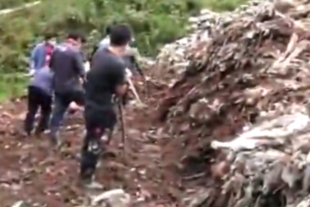 Screen grab of video showing villagers trying to rescue the two children buried the rubbish. Photo: Handout