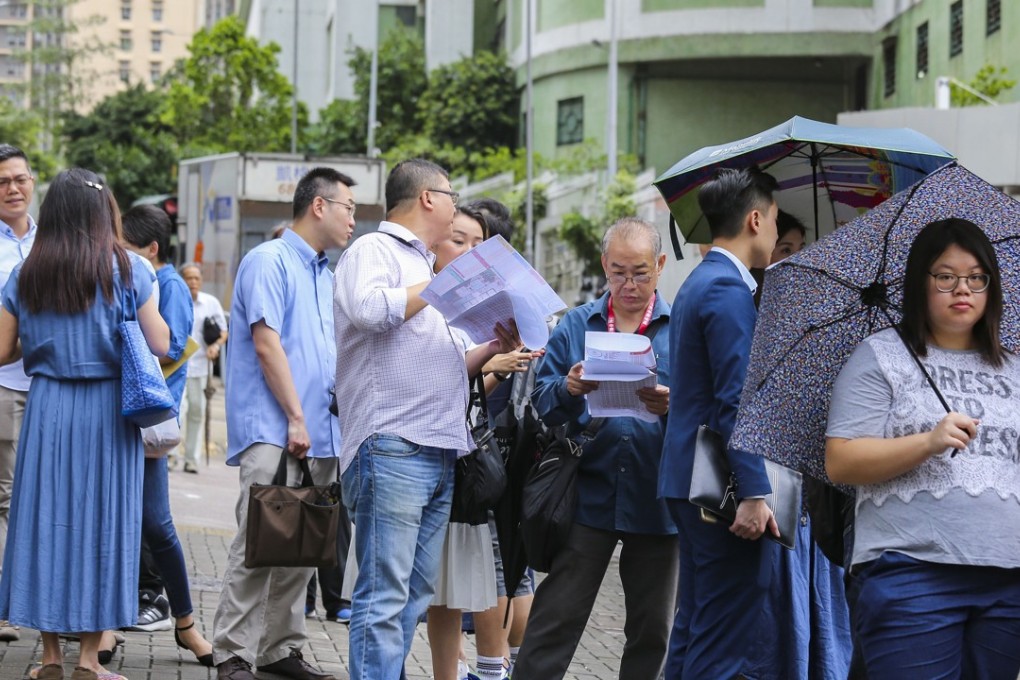 Potential buyers faced heavy downpours and gusty winds as they queued up for the two property sales. Photo: Dickson Lee