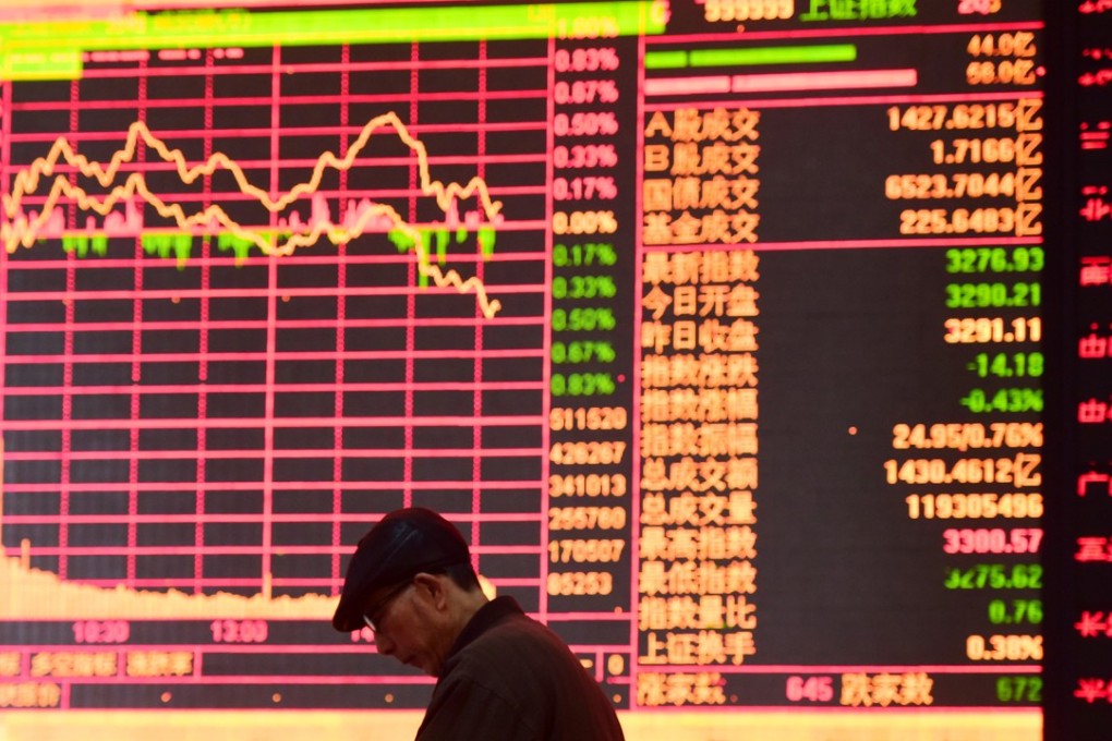 A man is seen against an electronic board showing stock information at a brokerage house in Fuyang in Anhui province on March 16, 2018. Contrary to global conventions, China’s stock exchanges use red to denote gains and advances, using the colour green to represent losses and declines. Photo: REUTERS