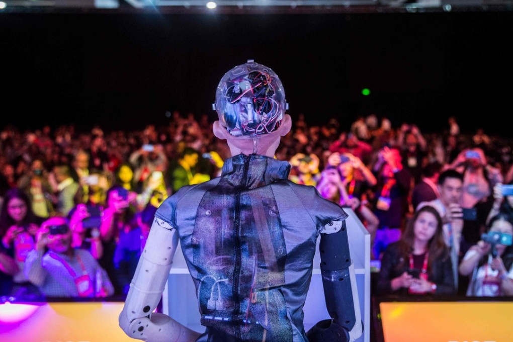 'Sophia the Robot' is seen on stage before a discussion by Hanson Robotics about Sophia's multiple intelligences and artificial intelligence at the RISE Technology Conference in Hong Kong on Tuesday. Photo: AFP