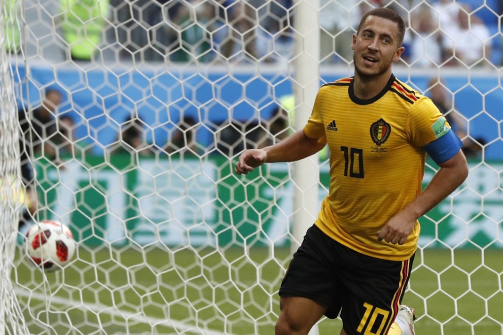 Eden Hazard wheels away in celebration after Belgium’s second goal. Photo: AP