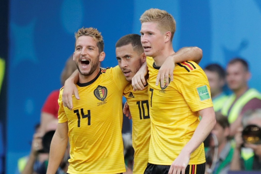 Belgium’s Eden Hazard celebrates scoring their second goal with Dries Mertens and Kevin De Bruyne. Photo: Reuters