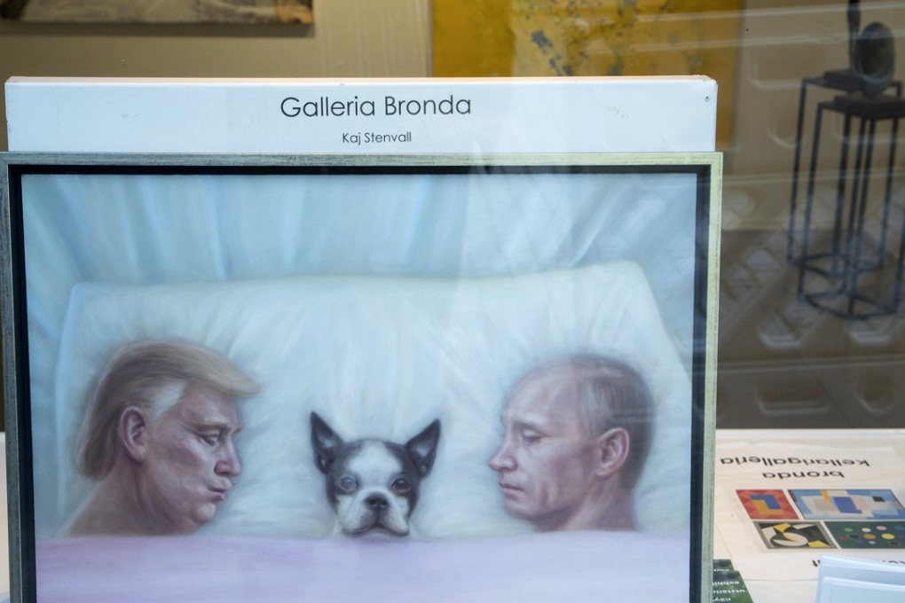A painting by Finnish artist Kaj Stenvall showing US President Donald Trump, Russian President Vladimir Putin and Lennu, the dog of Finnish President Sauli Niinisto. The summit between Trump and Putin is scheduled to begin on Monday in Helsinki. Photo: EPA-EFE