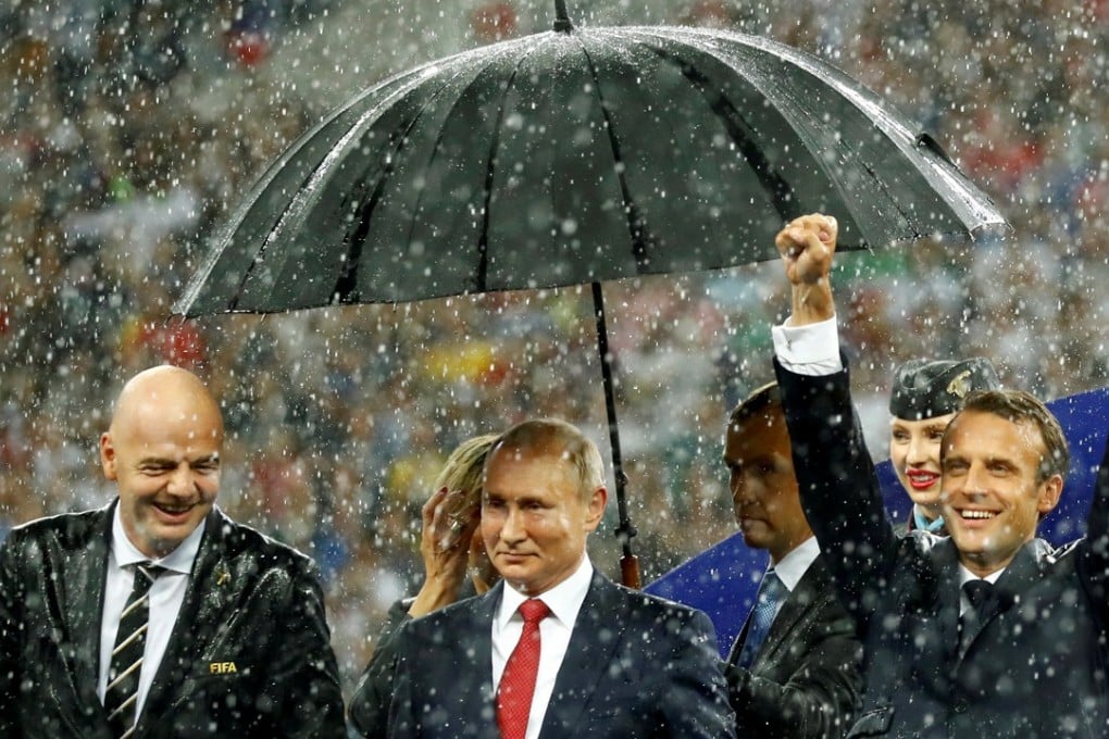 Fifa president Gianni Infantino, president of Russia Vladimir Putin and president of France Emmanuel Macron during the trophy presentation at the World Cup final. Photo: Reuters