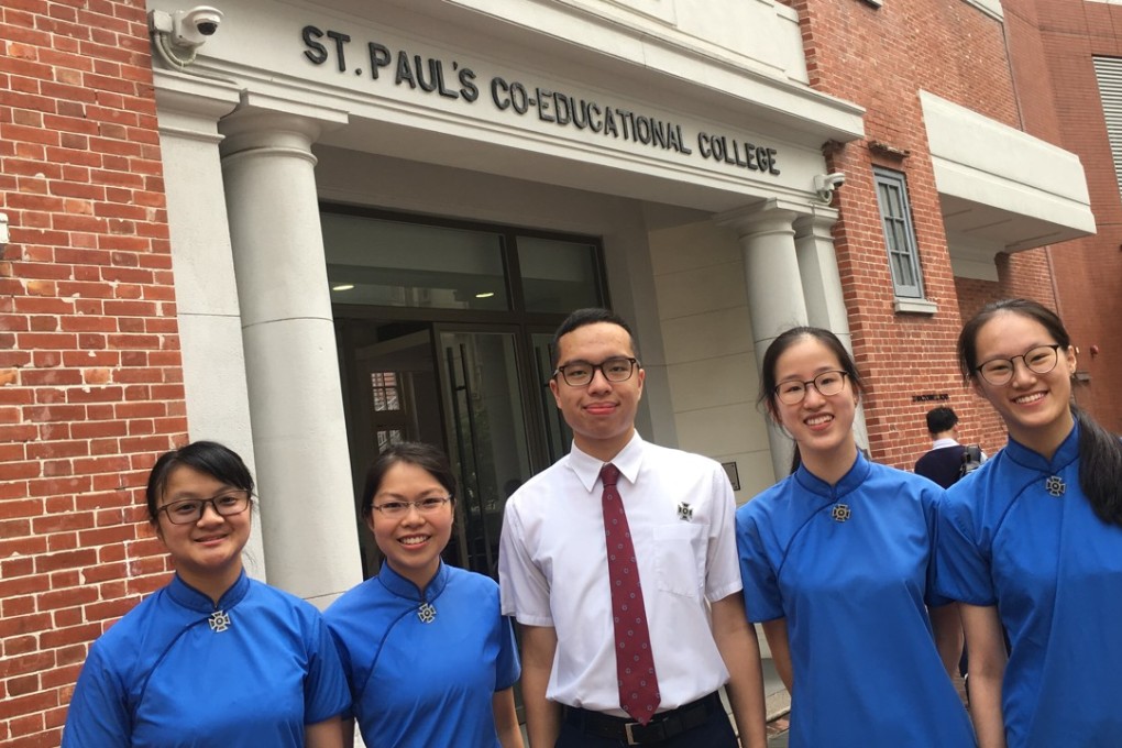 IB perfect scorers from St. Paul’s Co-educational College (from left) Yannie Choi, Sandra Leung, Sebastian Pun Man-siu, Lauren Chan and Isa Cheng Yee-sum.