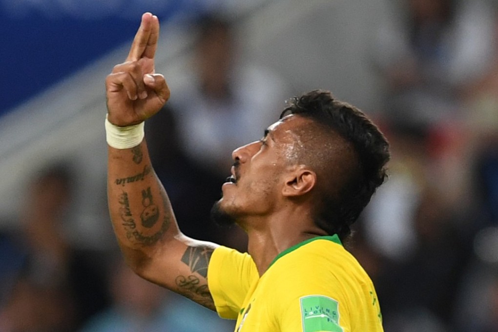 Brazil midfielder Paulinho celebrates scoring during the Russia 2018 World Cup. Photo: AFP