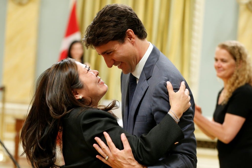Canada's Prime Minister Justin Trudeau congratulates Mary Ng after she was sworn-in as Minister of Small Business and Export Promotion during a cabinet shuffle at Rideau Hall in Ottawa on Wednesday. Photo: Reuters