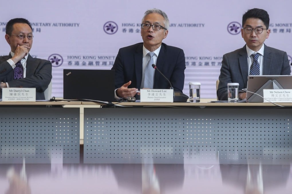 Hong Kong Monetary Authority officials at the press conference for the Open API Framework. (From left) Darryl Chan, executive director (corporate services), Howard Lee, deputy chief executive, and Nelson Chow, chief fintech officer (fintech facilitation office). Photo: K. Y. Cheng