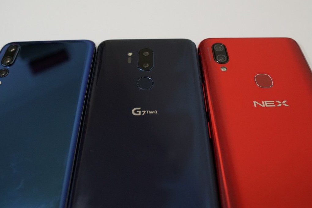 Three AI phones on the market today (from left) the Huawei P20 Pro, LG G7 ThinQ and Vivo Nex. Which is the most intelligent? Photo: Ben Sin