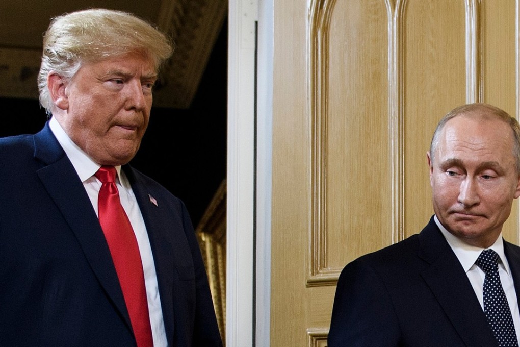 US President Donald Trump and Russian President Vladimir Putin arrive for a meeting on Monday in Helsinki, Finland. Photo: AFP