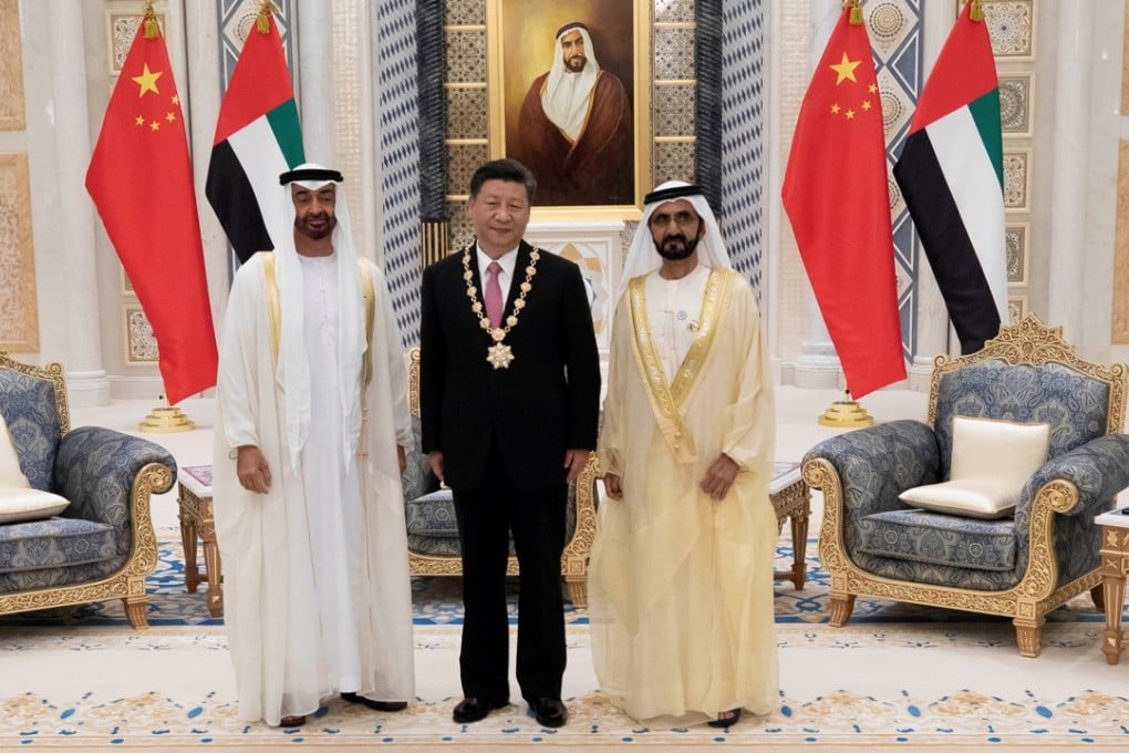 Xi Jinping flanked by Sheikh Mohamed bin Zayed Al Nahyan Crown Prince of Abu Dhabi, left, and Sheikh Mohammed bin Rashid Al Maktoum, ruler of Dubai and Prime Minister of the UAE. Photo: EPA-EFE/Emirates News Agency