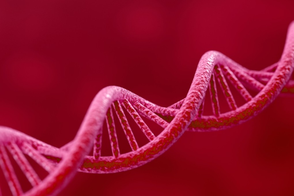 ***ONE TIME USE ONLY*** E8TWK0 3d render of DNA on red background Photo : ALAMY [POSTMAGAZINE 17DECEMBRE17]
