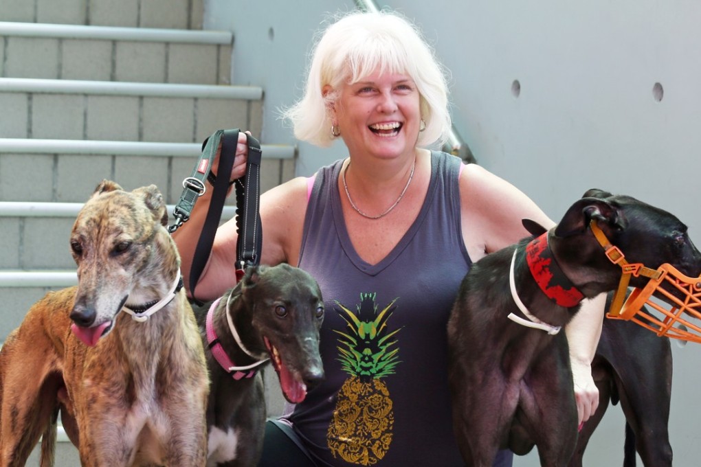 Kathleen Trainor with three of the greyhounds she adopted. Photo: Xiaomei Chen