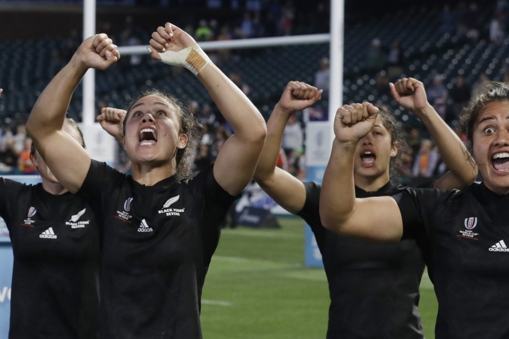 Gold medal winners New Zealand perform a Haka after beating France in the women's Rugby World Cup Sevens final in San Francisco. Photo: AP