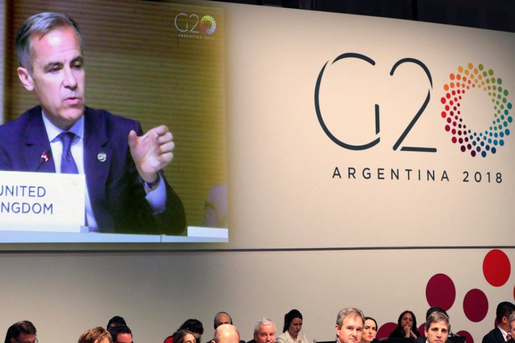 Governor of the Bank of England Mark Carney, on screen, during a meeting of the Group of Twenty finance ministers and central bank governors, in Buenos Aires, Argentina, on Sunday. Photo: EPA-EFE